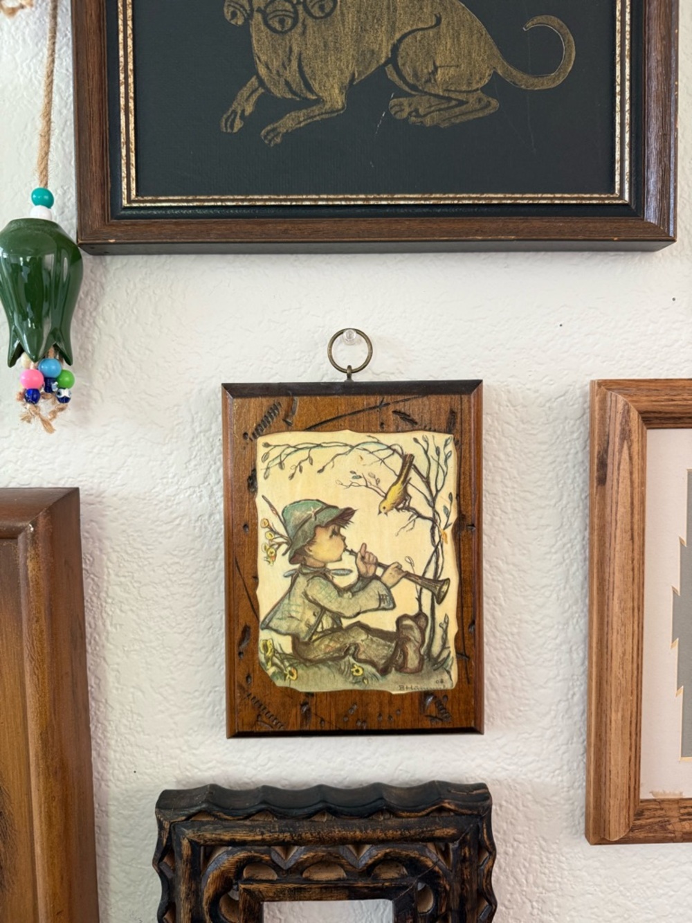 Vintage Hummel Print Wall Plaque of a Boy and a Bird in Green, Brown, Cream